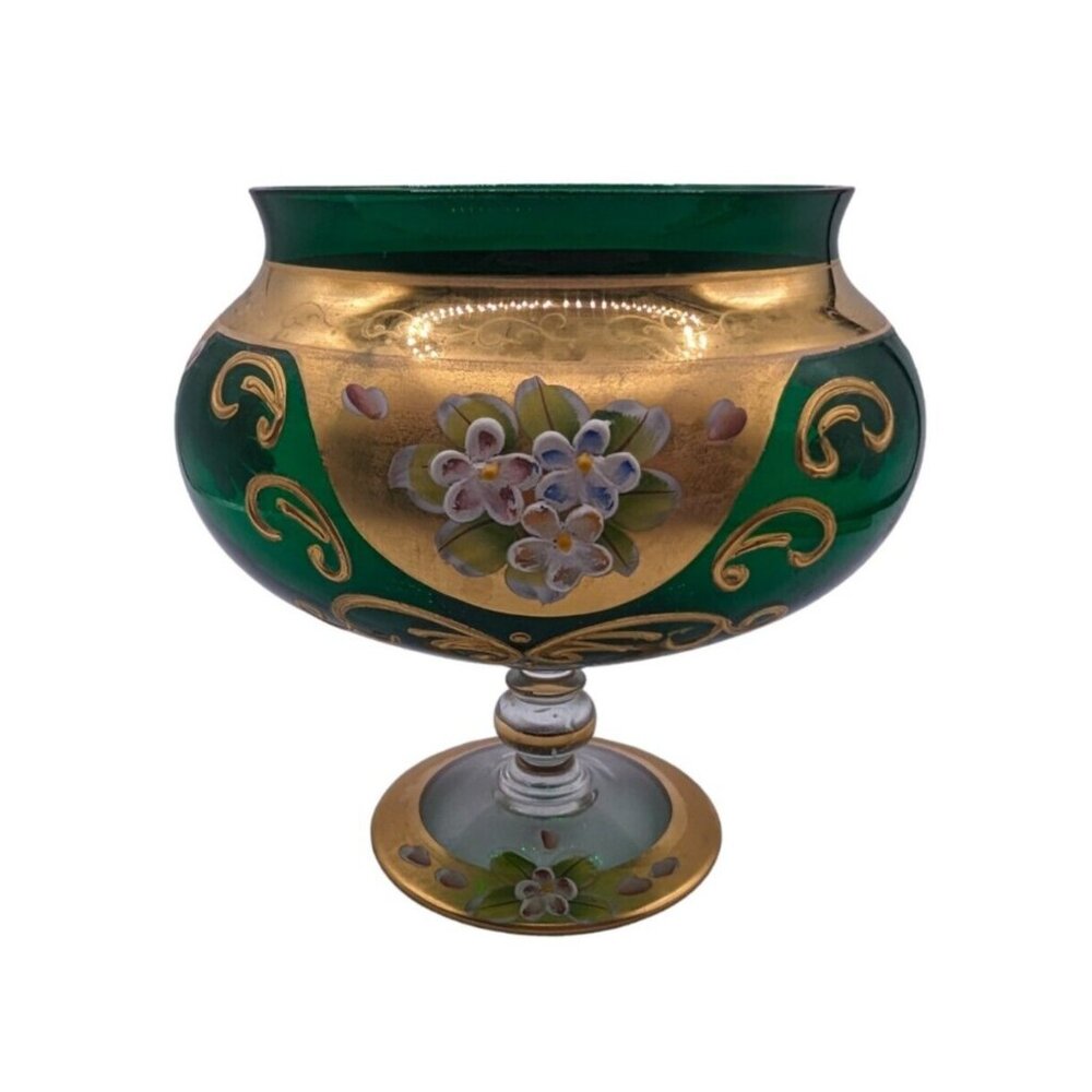Vintage Seyei Victorian Bohemian Green Glass Enameled Flowers NO Lid Candy Dish